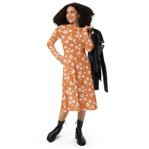 Boho Orange Floral Long Sleeve Midi Dress